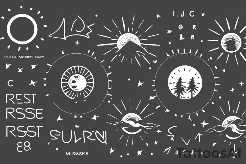 A simple, not very realistic, sunset on the sea, with morse code for R, M, J, and A as the sun's rays. Include another morse code for A somewhere else tattoo idea