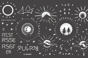A simple, not very realistic, sunset on the sea, with morse code for R, M, J, and A as the sun's rays. Include another morse code for A somewhere else tattoo idea