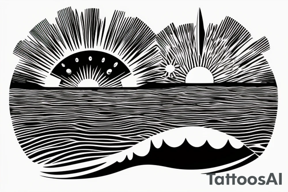 A simple, not very realistic, sunset on the sea, with morse code for R, M, J, and A as the sun's rays. Include another morse code for A somewhere else tattoo idea