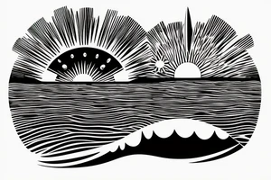 A simple, not very realistic, sunset on the sea, with morse code for R, M, J, and A as the sun's rays. Include another morse code for A somewhere else tattoo idea