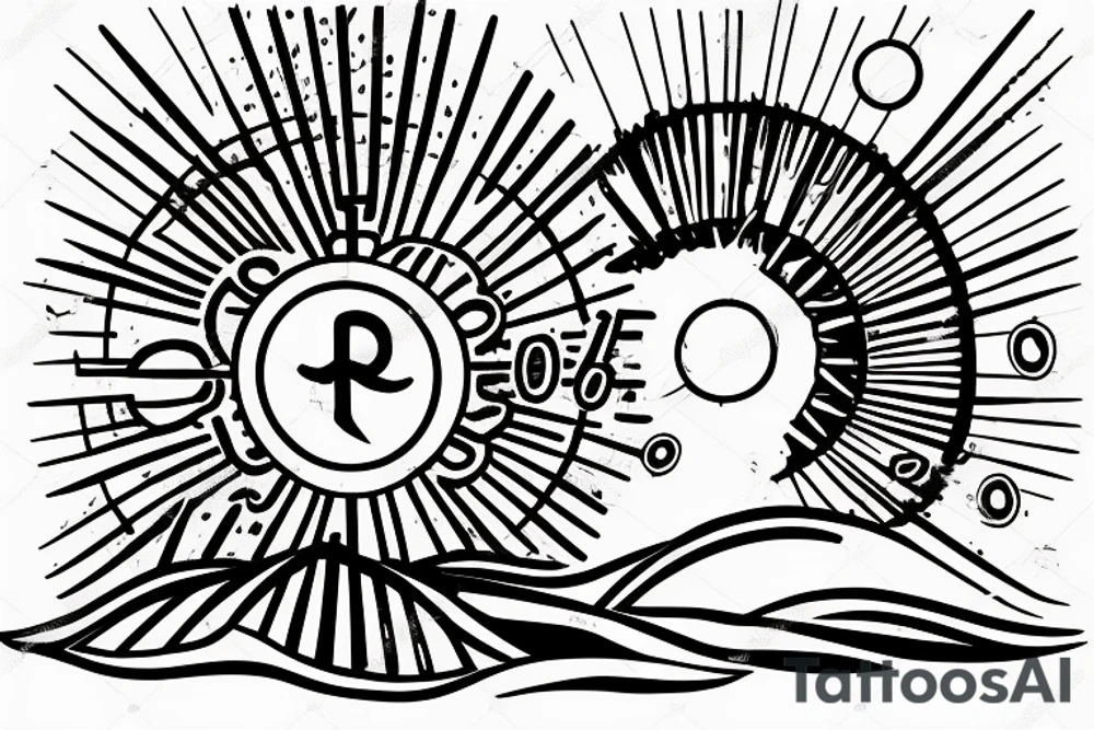 A simple, not very realistic, sunset on the sea, with morse code for R, M, J, and A as the sun's rays. Include another morse code for A somewhere else tattoo idea