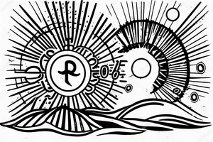 A simple, not very realistic, sunset on the sea, with morse code for R, M, J, and A as the sun's rays. Include another morse code for A somewhere else tattoo idea