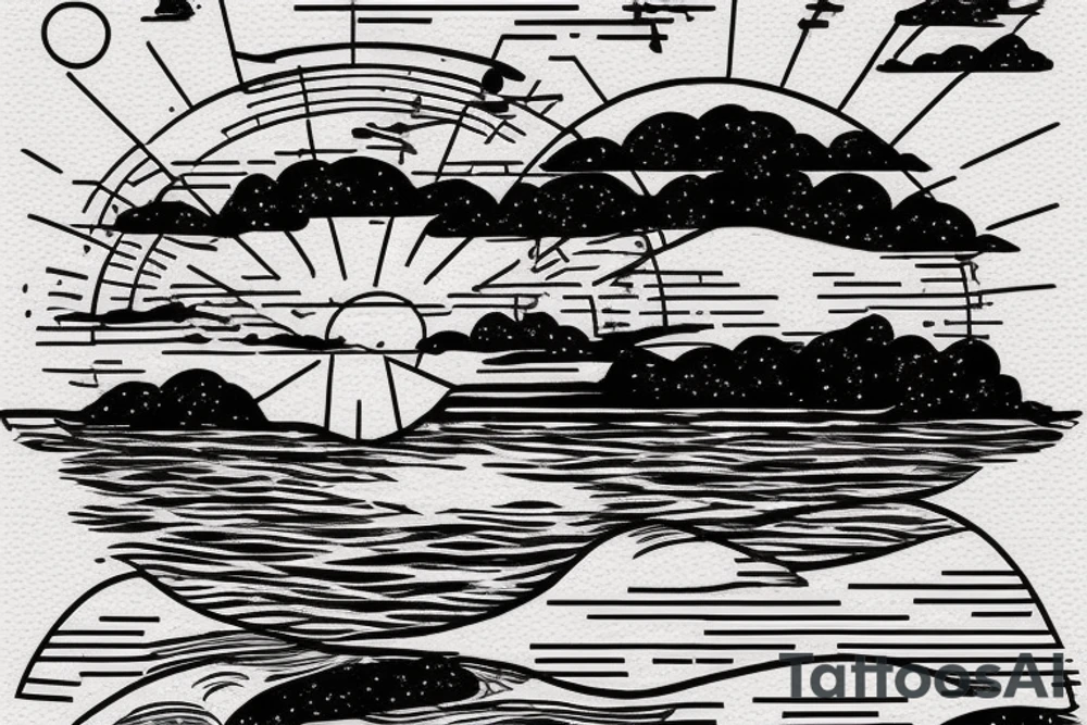 A simple, not very realistic, sunset on the sea, with morse code for R, M, J, and A as the sun's rays. Include another morse code for A somewhere else tattoo idea
