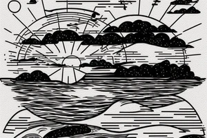 A simple, not very realistic, sunset on the sea, with morse code for R, M, J, and A as the sun's rays. Include another morse code for A somewhere else tattoo idea