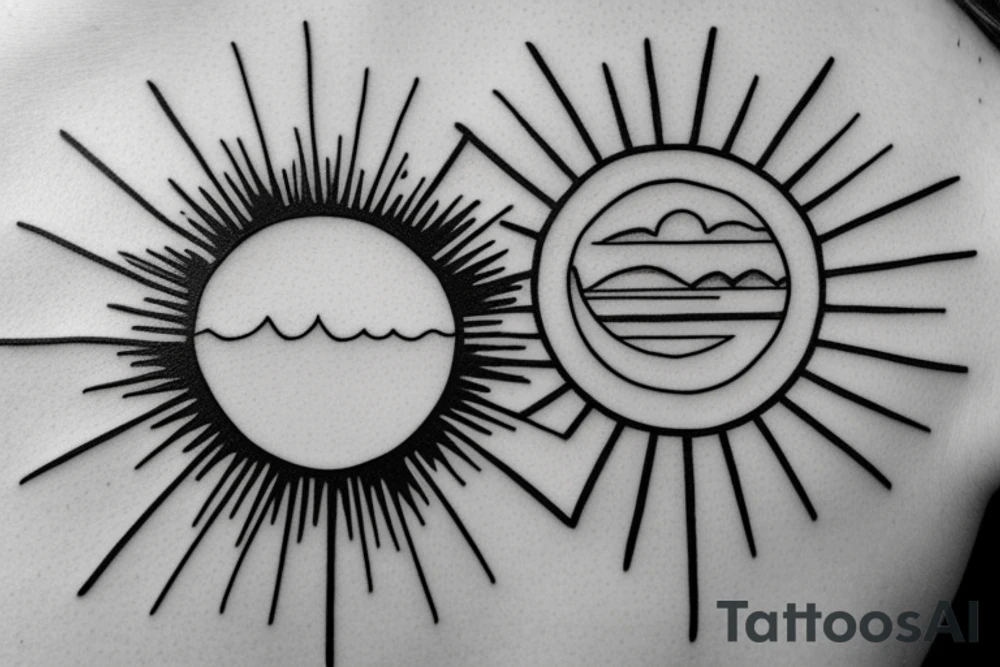 A simple, not very realistic, sunset on the sea, with morse code for R, M, J, and A as the sun's rays. Include another morse code for A somewhere else tattoo idea A simple, not very realistic, sunset on the sea, with morse code for R, M, J, and A as the sun's rays. Include another morse code for A somewhere else tattoo idea