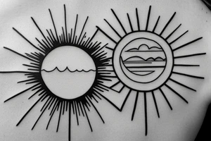 A simple, not very realistic, sunset on the sea, with morse code for R, M, J, and A as the sun's rays. Include another morse code for A somewhere else tattoo idea