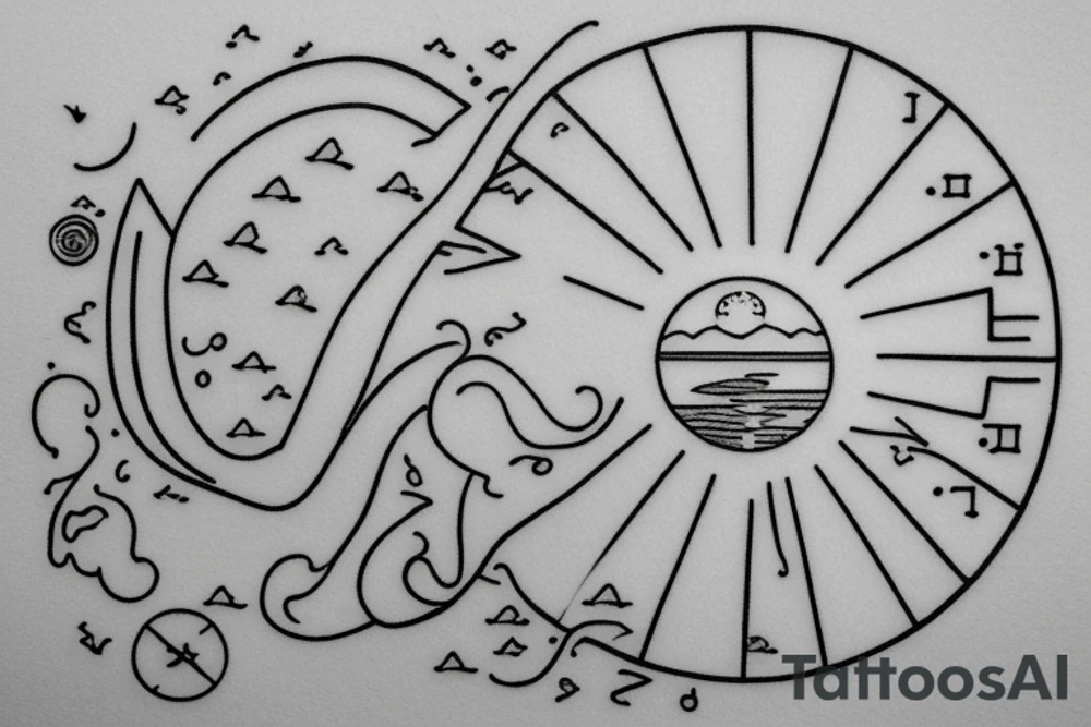 A simple, not very realistic, sunset on the sea, with morse code for RMJA as the sun's rays. Also include another A in morse code tattoo idea