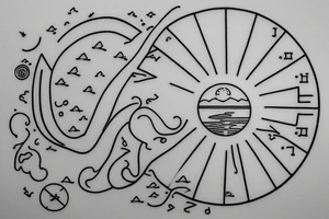 A simple, not very realistic, sunset on the sea, with morse code for RMJA as the sun's rays. Also include another A in morse code tattoo idea