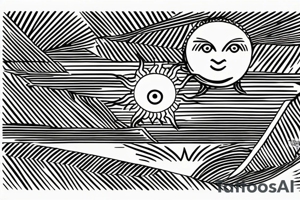 a minimal sun setting over the sea and a morse code for RMJA disguised as the sun rays. Another morse code for A as a sea wave. tattoo idea