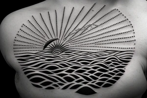 a minimal sun setting over the sea and a morse code for RMJA disguised as the sun rays. Another morse code for A as a sea wave. tattoo idea