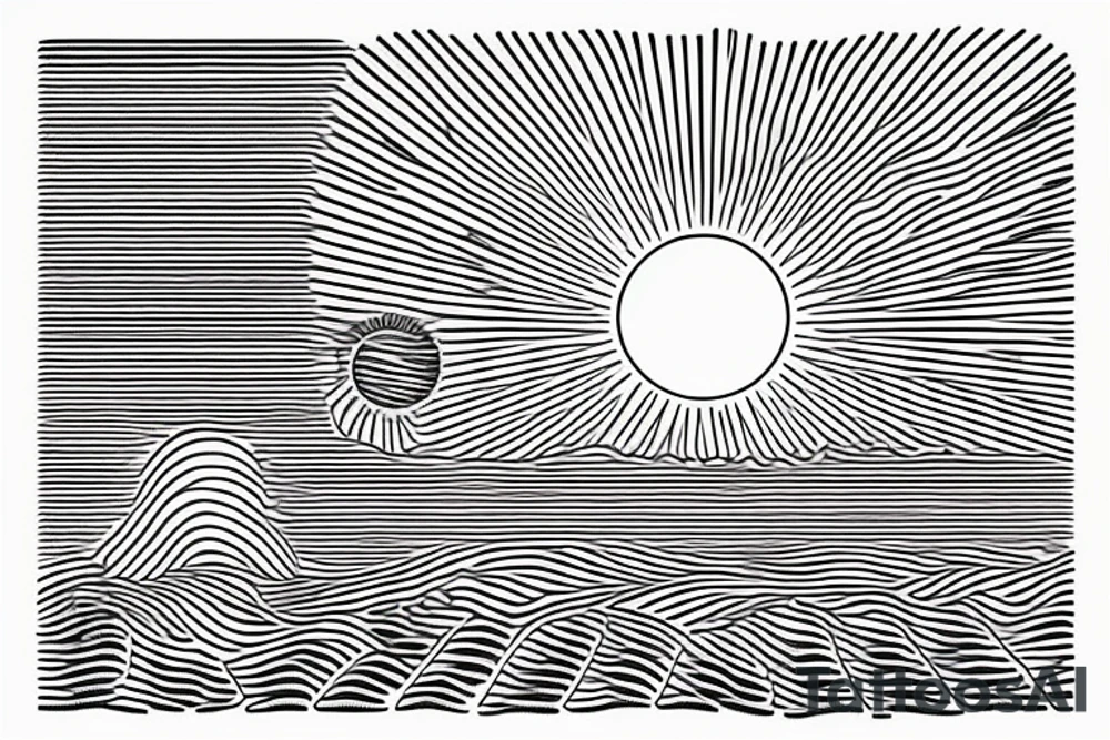 a minimal sun setting over the sea and a morse code for RMJA disguised as the sun rays. Another morse code for A as a sea wave. tattoo idea
