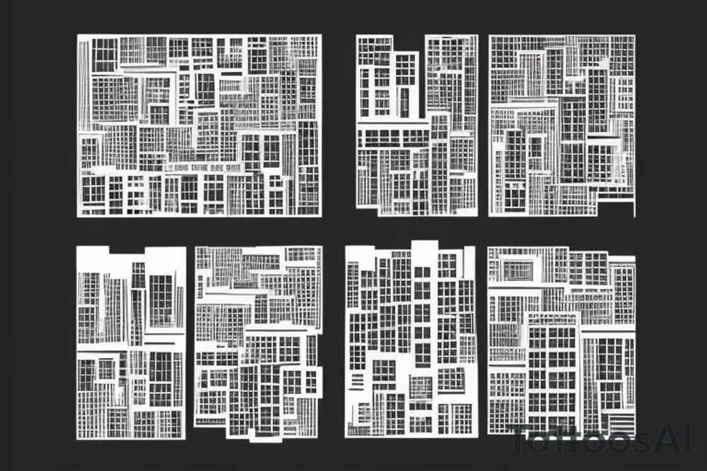 An abstract representation of a building made of interchangeable modular pieces, arranged in a way that creates a sense of flexibility and adaptability, similar to the way that modular architecture can be adapted to various uses and contexts. tattoo idea