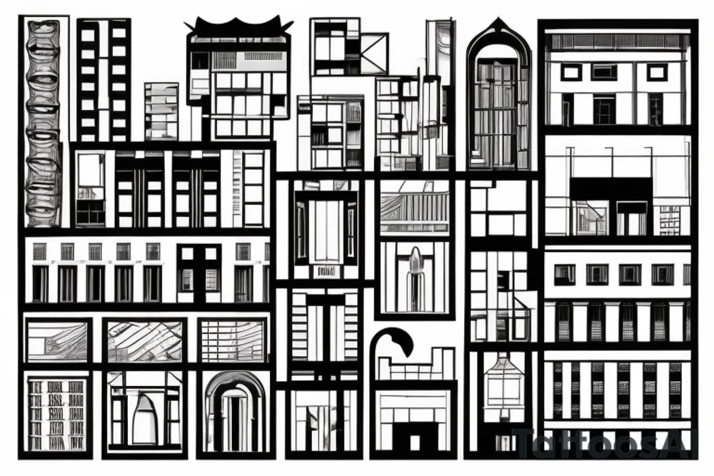An abstract representation of a building made of interchangeable modular pieces, arranged in a way that creates a sense of flexibility and adaptability, similar to the way that modular architecture can be adapted to various uses and contexts. tattoo idea