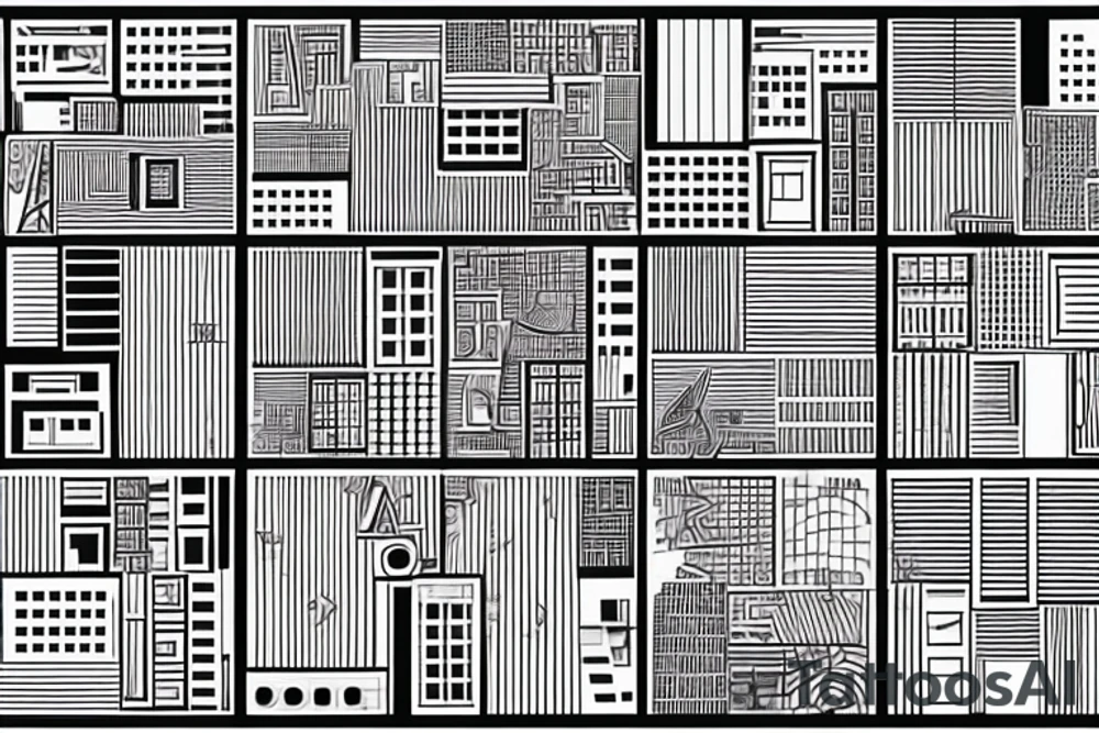 An abstract representation of a building made of interchangeable modular pieces, arranged in a way that creates a sense of flexibility and adaptability, similar to the way that modular architecture can be adapted to various uses and contexts. tattoo idea