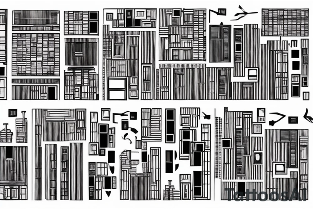 An abstract representation of a building made of interchangeable modular pieces, arranged in a way that creates a sense of flexibility and adaptability, similar to the way that modular architecture can be adapted to various uses and contexts. tattoo idea