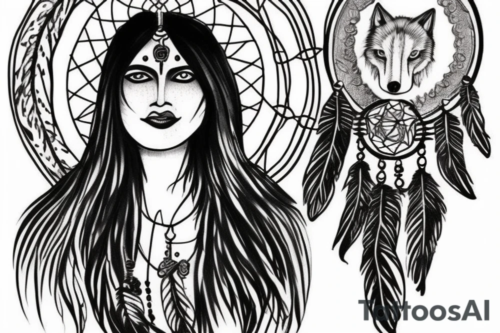 Indian woman with a dream catcher and howling wolf tattoo idea