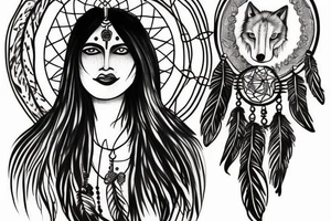 Indian woman with a dream catcher and howling wolf tattoo idea