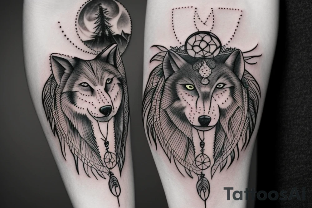Indian woman with a dream catcher and howling wolf tattoo idea