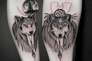 Indian woman with a dream catcher and howling wolf tattoo idea
