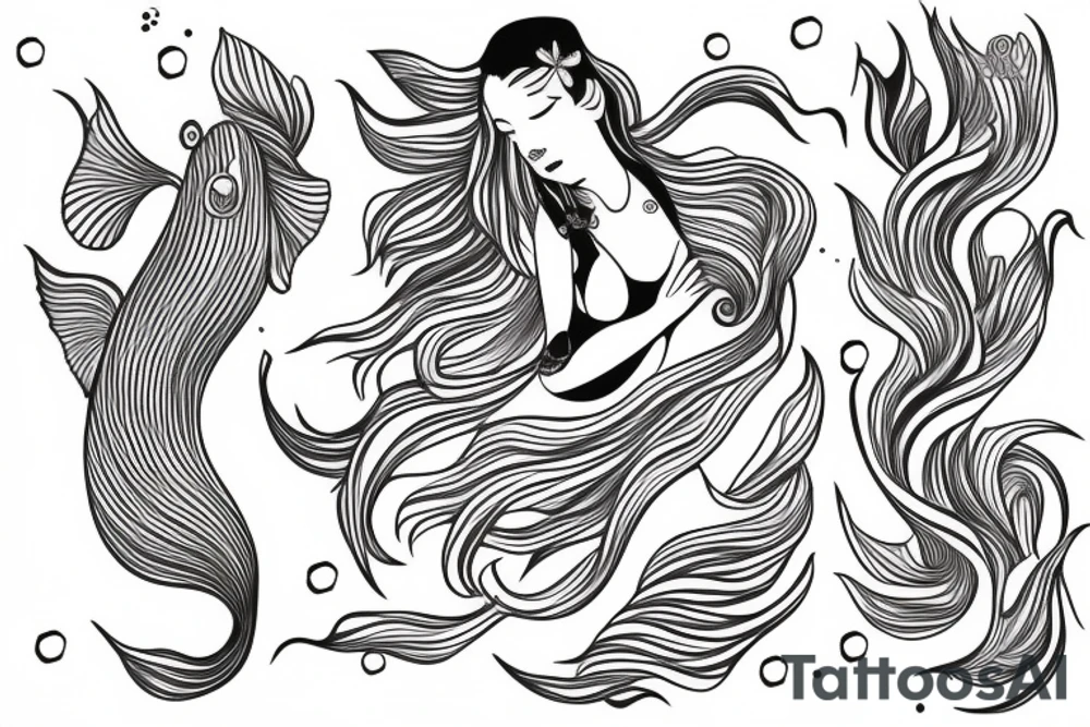 pisces goddess lotus pose under water floating hair with koi fish swimming around her looking forward full body tattoo idea