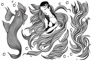 pisces goddess lotus pose under water floating hair with koi fish swimming around her looking forward full body tattoo idea