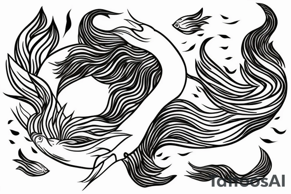pisces goddess lotus pose under water floating hair with koi fish swimming around her looking forward full body tattoo idea