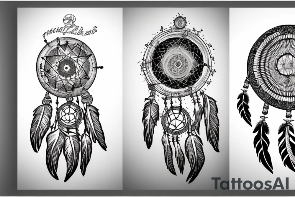 Indian woman with her eyes closed with a dream catcher, a howling wolf, and clouds tattoo idea