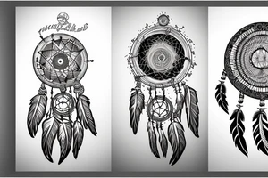 Indian woman with her eyes closed with a dream catcher, a howling wolf, and clouds tattoo idea