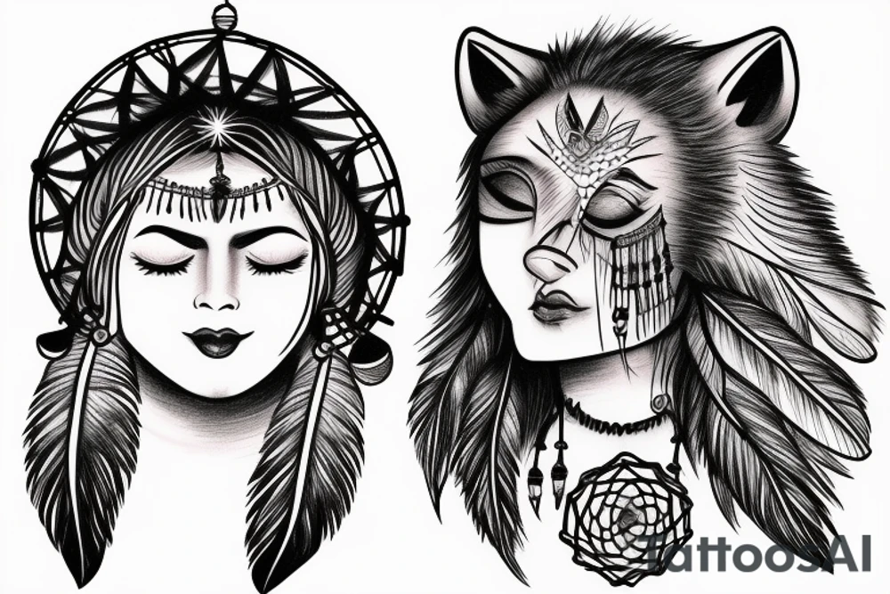 Indian woman with her eyes closed with a dream catcher, a howling wolf, and clouds tattoo idea