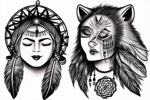 Indian woman with her eyes closed with a dream catcher, a howling wolf, and clouds tattoo idea