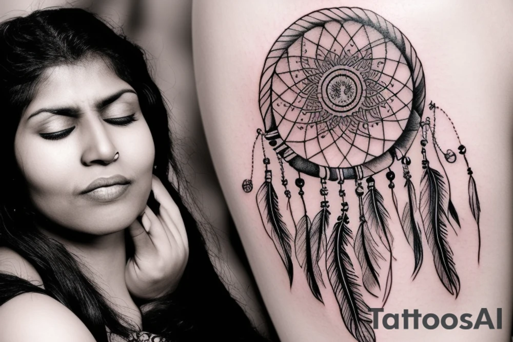 Indian woman with her eyes closed with a dream catcher, a howling wolf, and clouds tattoo idea