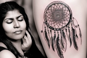 Indian woman with her eyes closed with a dream catcher, a howling wolf, and clouds tattoo idea