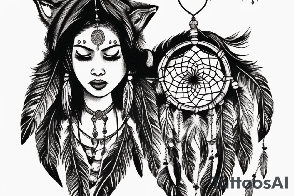 Indian woman with her eyes closed with a dream catcher, a howling wolf, and clouds tattoo idea