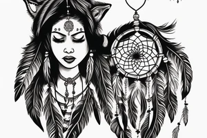 Indian woman with her eyes closed with a dream catcher, a howling wolf, and clouds tattoo idea