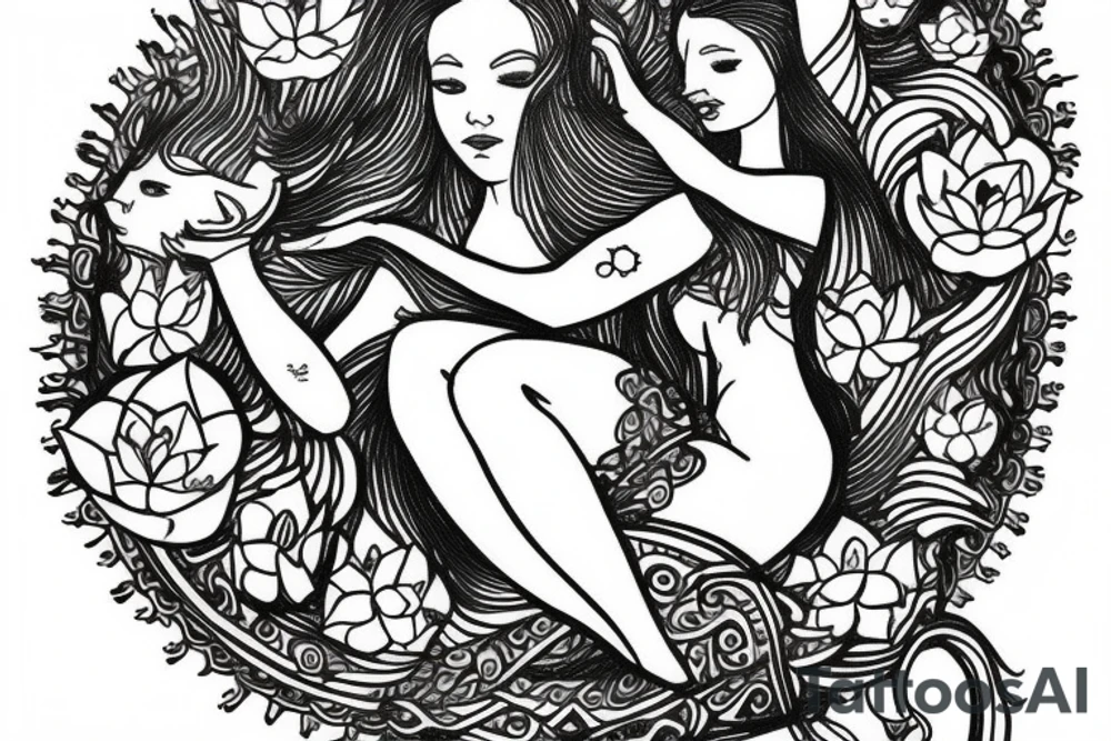 Ancient Pisces goddess in lotus pose tattoo idea