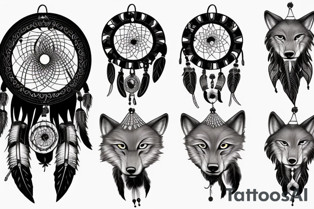 Indian woman with her eyes closed with a dream catcher, a howling wolf, and clouds tattoo idea