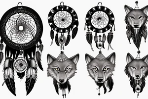 Indian woman with her eyes closed with a dream catcher, a howling wolf, and clouds tattoo idea