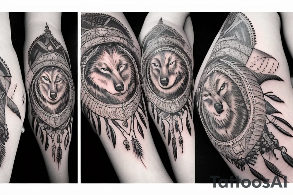 Indian woman with her eyes closed with a dream catcher, a howling wolf, and clouds tattoo idea