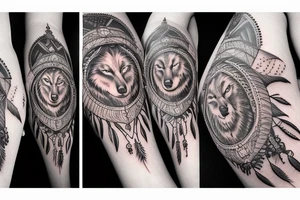 Indian woman with her eyes closed with a dream catcher, a howling wolf, and clouds tattoo idea