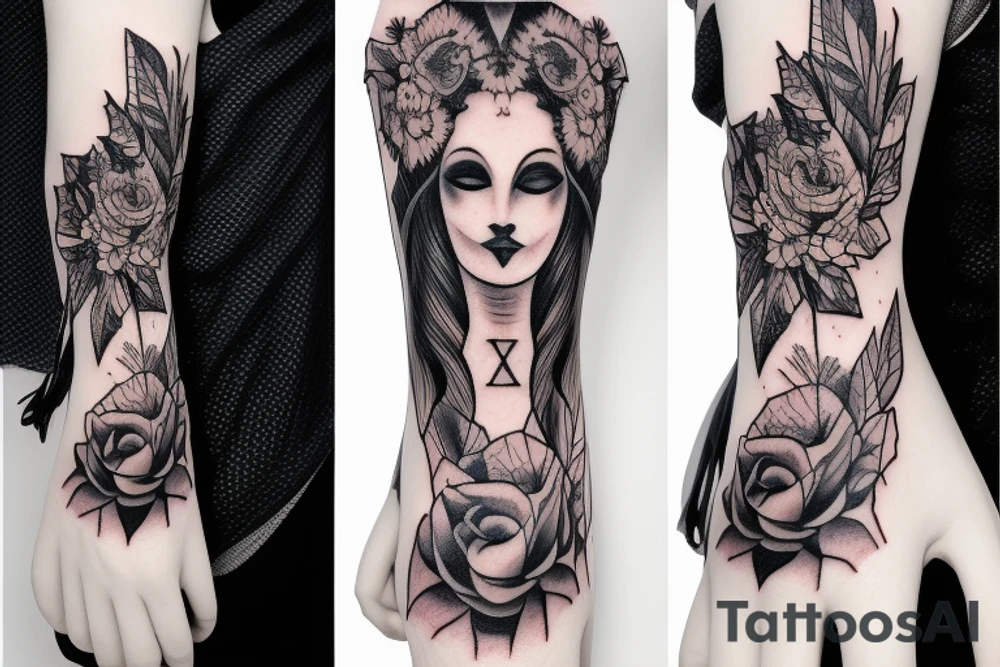 Gothic pretty ghost lady nature sleeve tattoo idea