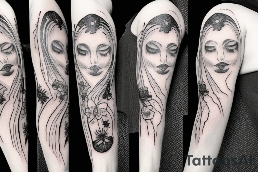 Gothic pretty ghost lady nature full arm christian sleeve tattoo idea