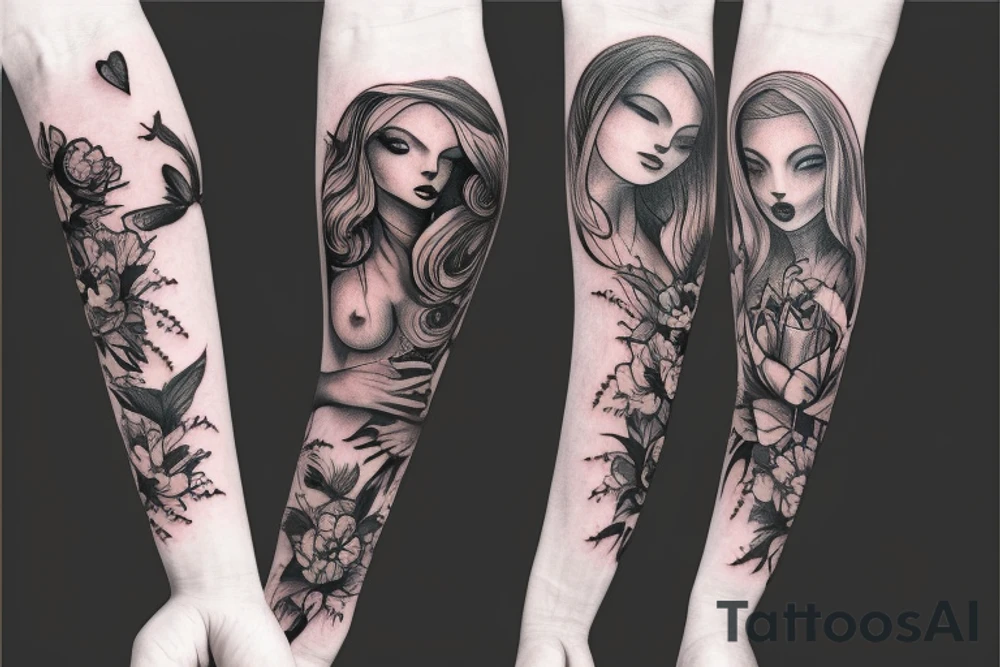 Gothic pretty ghost lady nature full arm christian sleeve tattoo idea