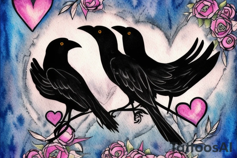 Two crows embracing with a heart in front of them with J.S.inside the heart tattoo idea