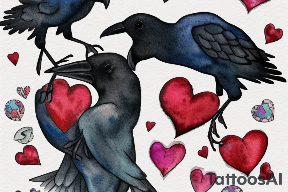Two crows embracing with a heart in front of them with J.S.inside the heart tattoo idea