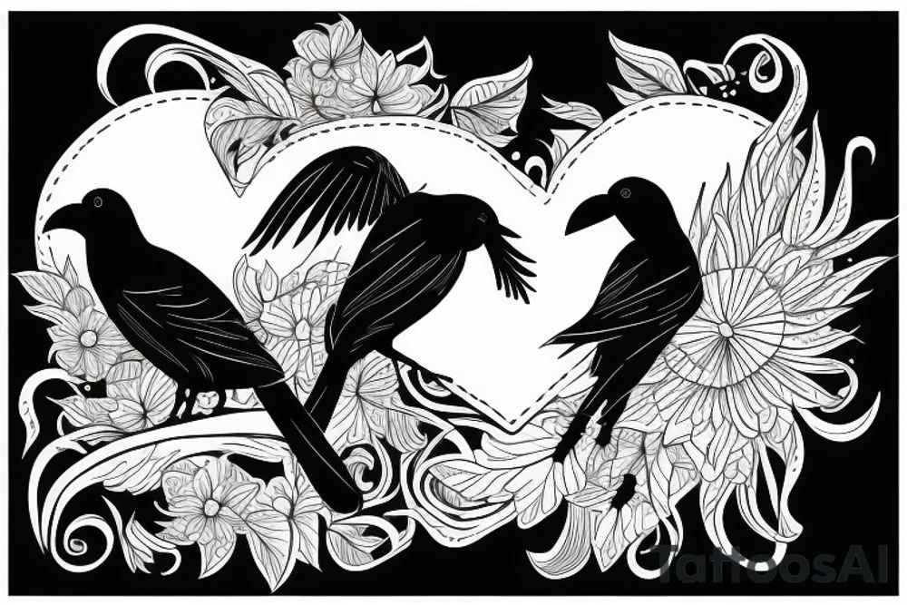 Two crows embracing with a heart in front of them with J.S.inside the heart tattoo idea