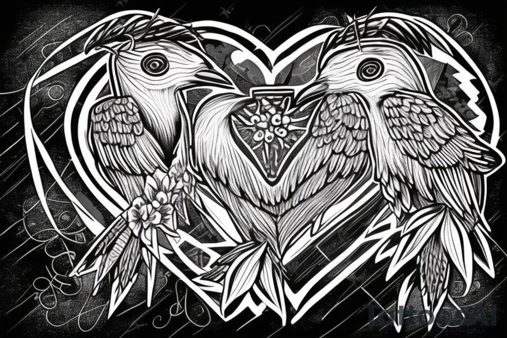 Two crows embracing with a heart in front of them with J.S.inside the heart tattoo idea
