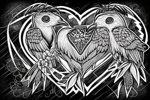 Two crows embracing with a heart in front of them with J.S.inside the heart tattoo idea