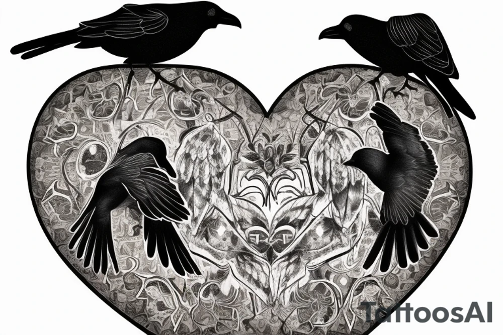 Two crows embracing with a heart in front of them with J.S.inside the heart tattoo idea