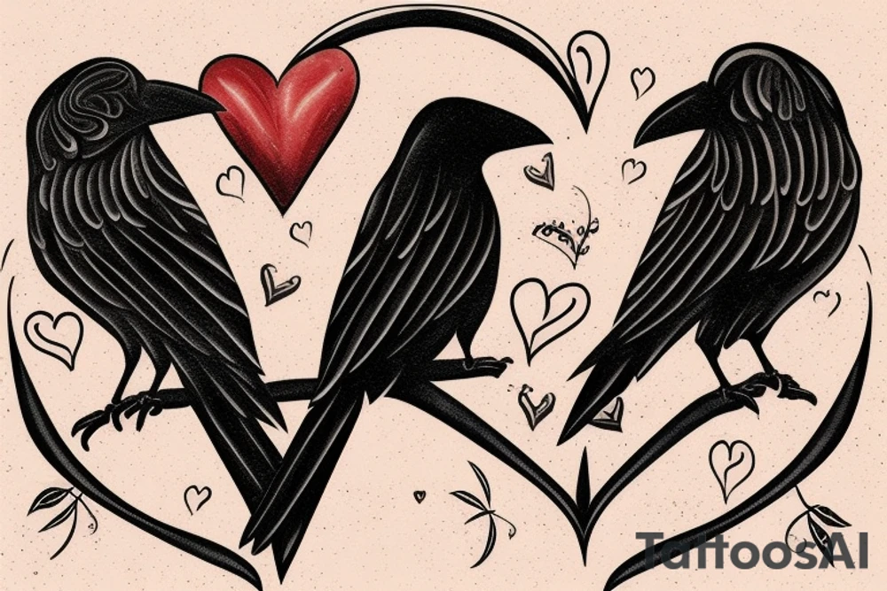 Two crows embracing with a heart in front of them with J.S.inside the heart tattoo idea