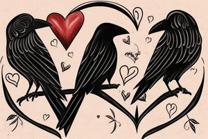 Two crows embracing with a heart in front of them with J.S.inside the heart tattoo idea